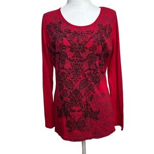 Style & Co Top Red Black Damask Flocked Mixed Media Tunic Boho Casual  M